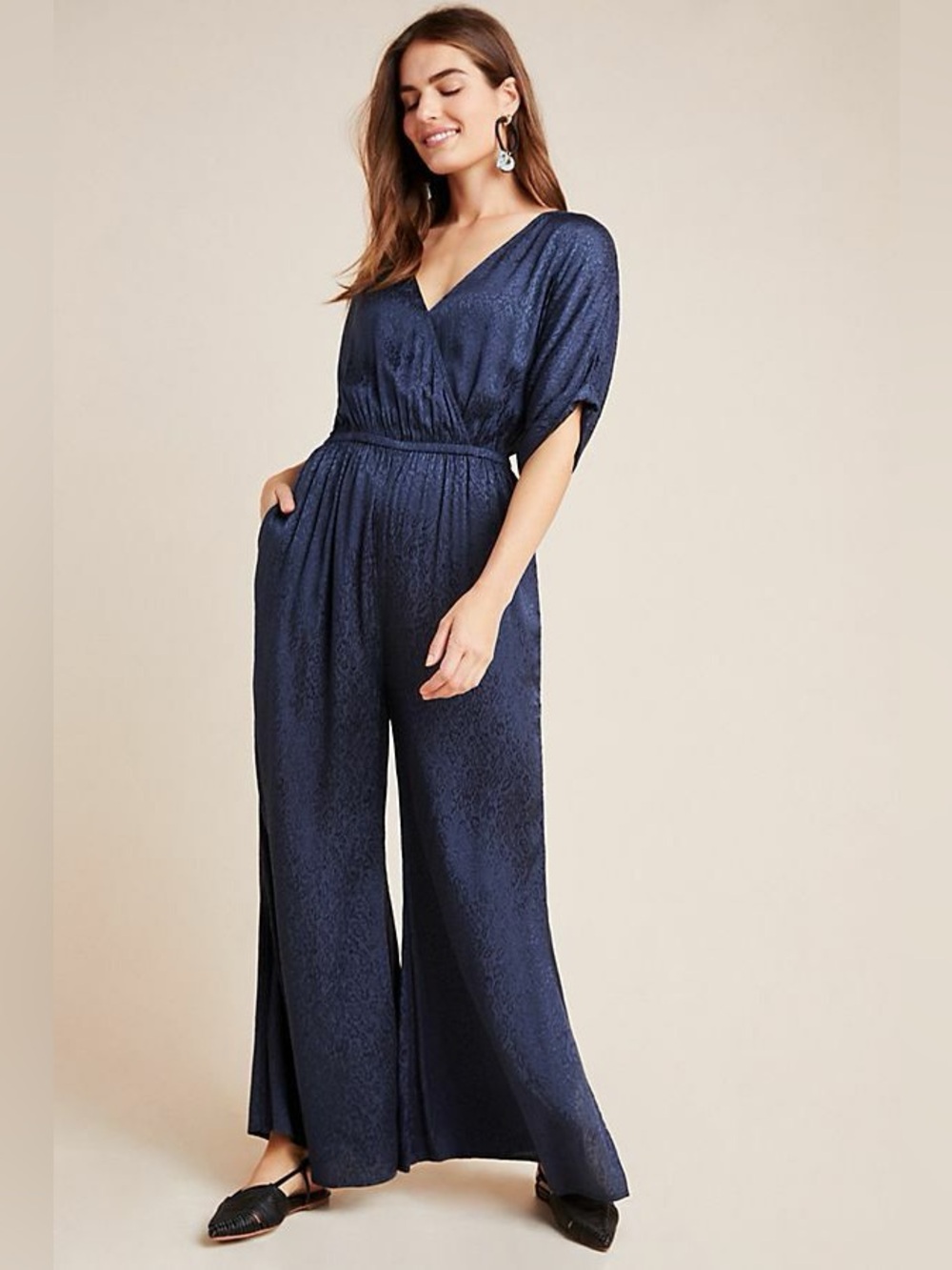 Anthropologie Maeve Jacqueline Jacquard Deep Navy V-Neck Wide-Leg Jumpsuit